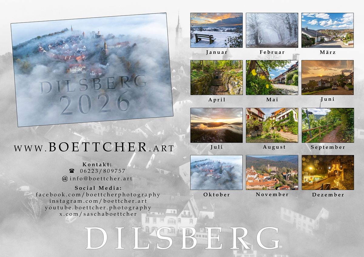 Vorschau auf meinen Dilsberg Kalender für 2026. Inklusive Deckblatt und allen 12 Monatsbildern.